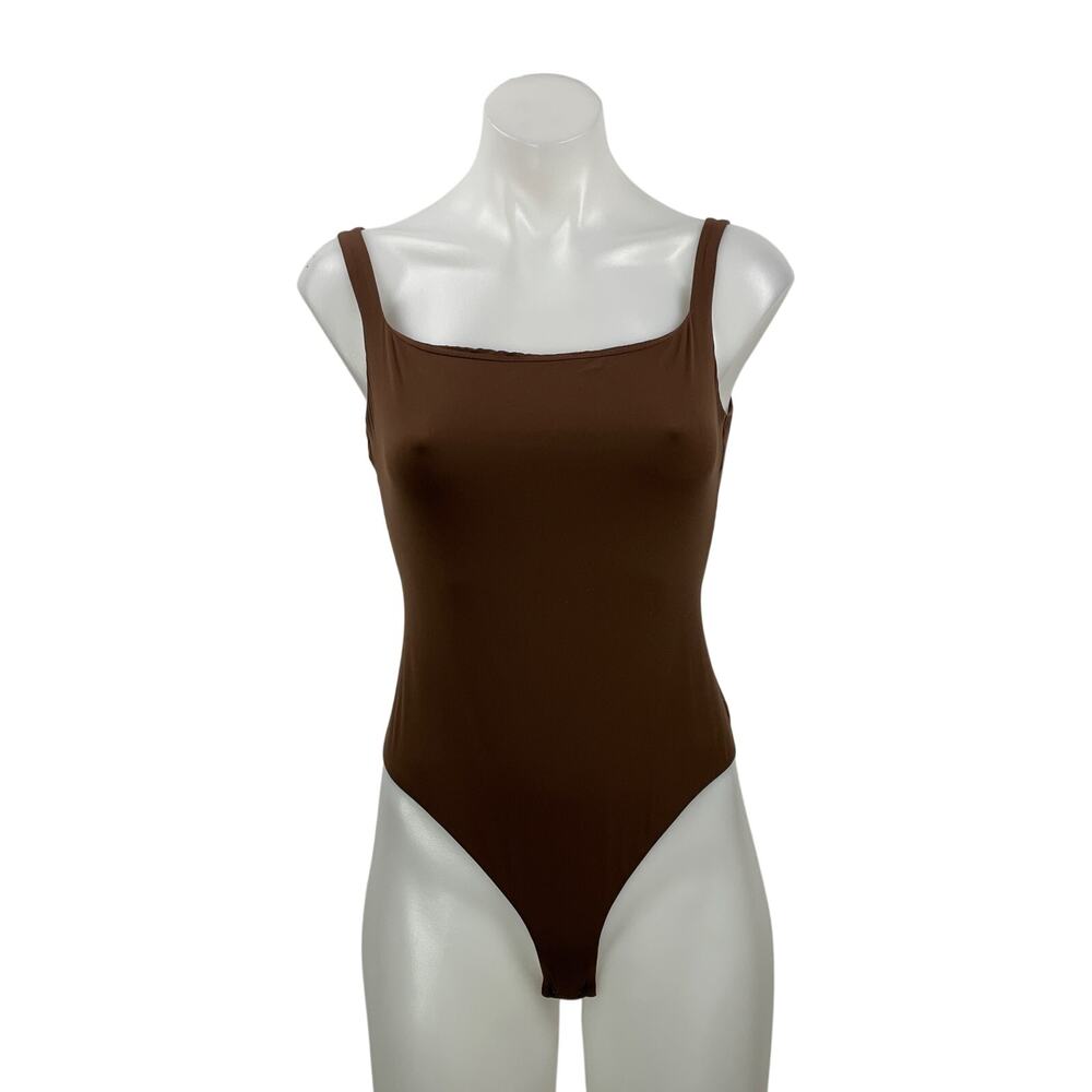 Skims Women's Brown Sleeveless Square Neck Open Back Thong Tank Bodysuit Size L